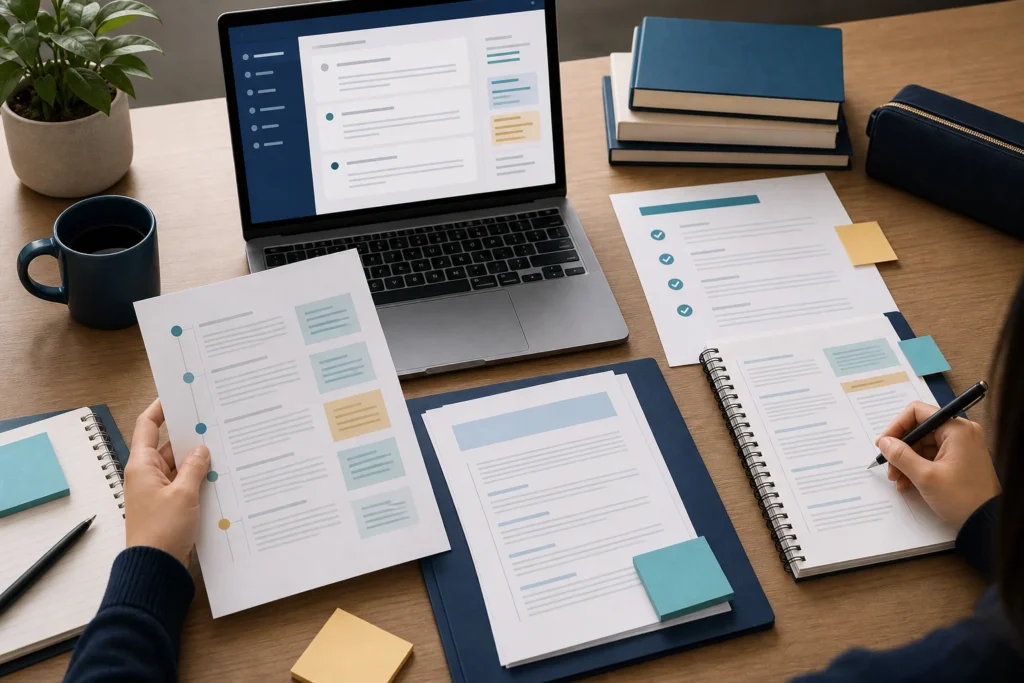 Laptop with generic AI writing interface, assignment notes and draft history for AI misconduct response preparation.